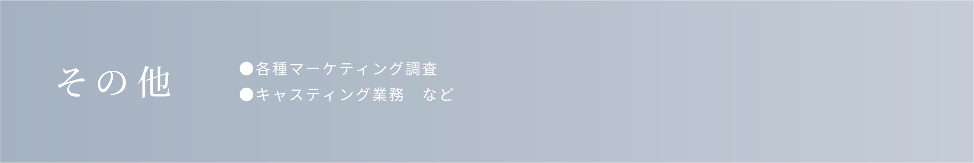 その他。各種マーケティング調査。キャスティング業務。